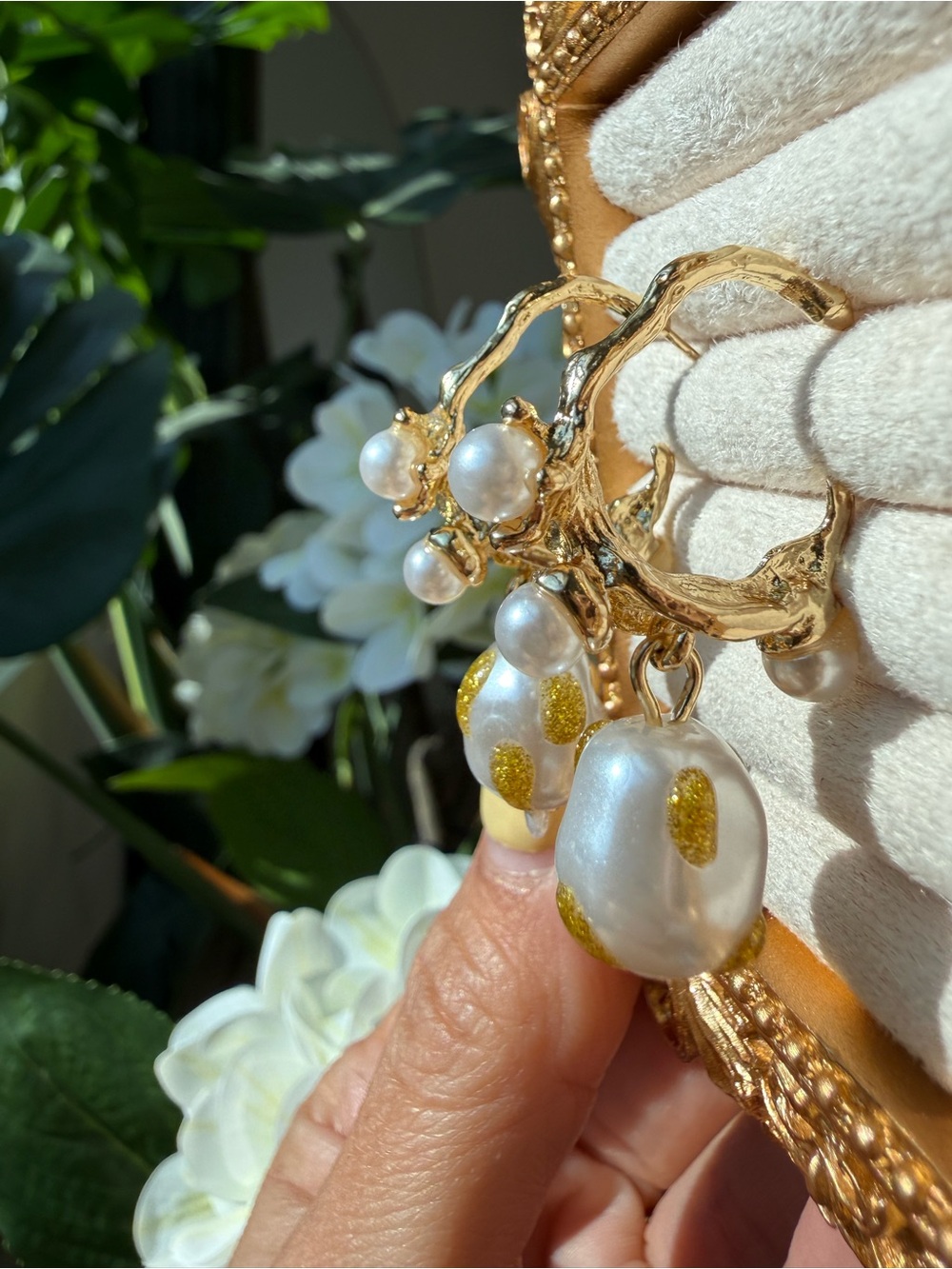 Anthropologie Gold Hoop Earrings with White Pearl Drops